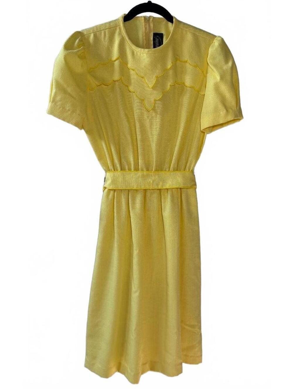 Vintage Germaine Yellow Midi Dress Puff Sleeve Scallop Bodice With Belt Size XS